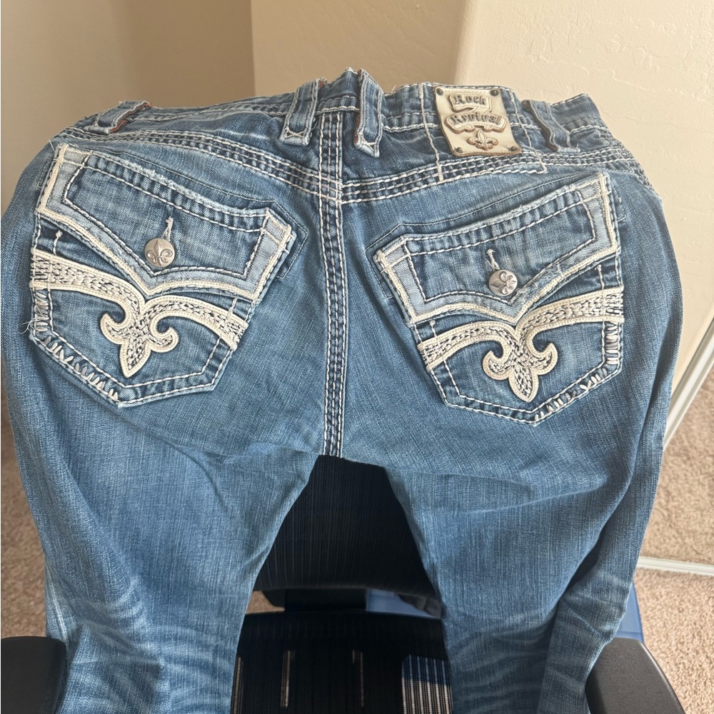 Rock Revival Blue Denim Jeans with White Stitching